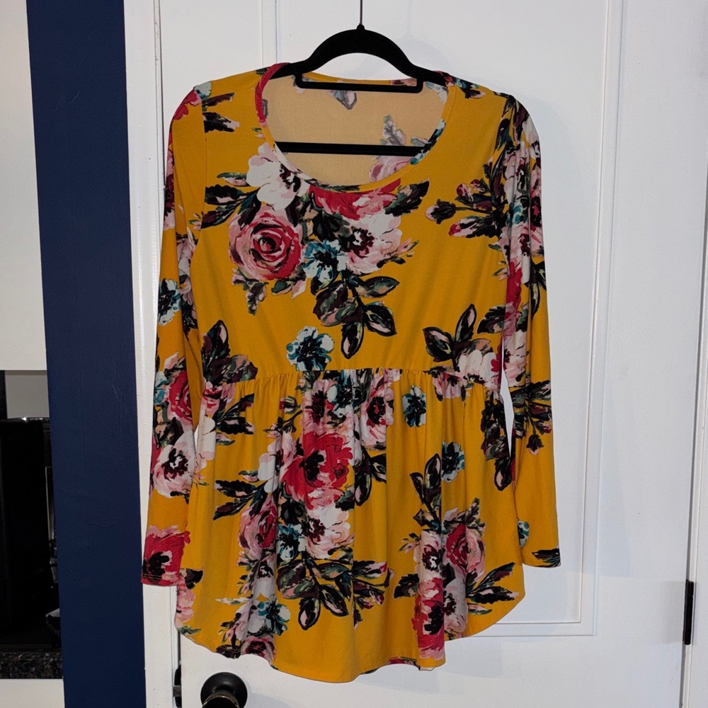 Mustard Floral Long-Sleeve Babydoll Tunic for Women